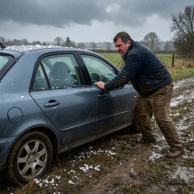A man is pushing his car, which is stuck in the mud, amid heavy rain in the countryside. The sky is gloomy, and some hail is also falling on the car and the ground. The big man has mud all over his trousers. Show him struggling. — Qwen Image 3.0 Pro