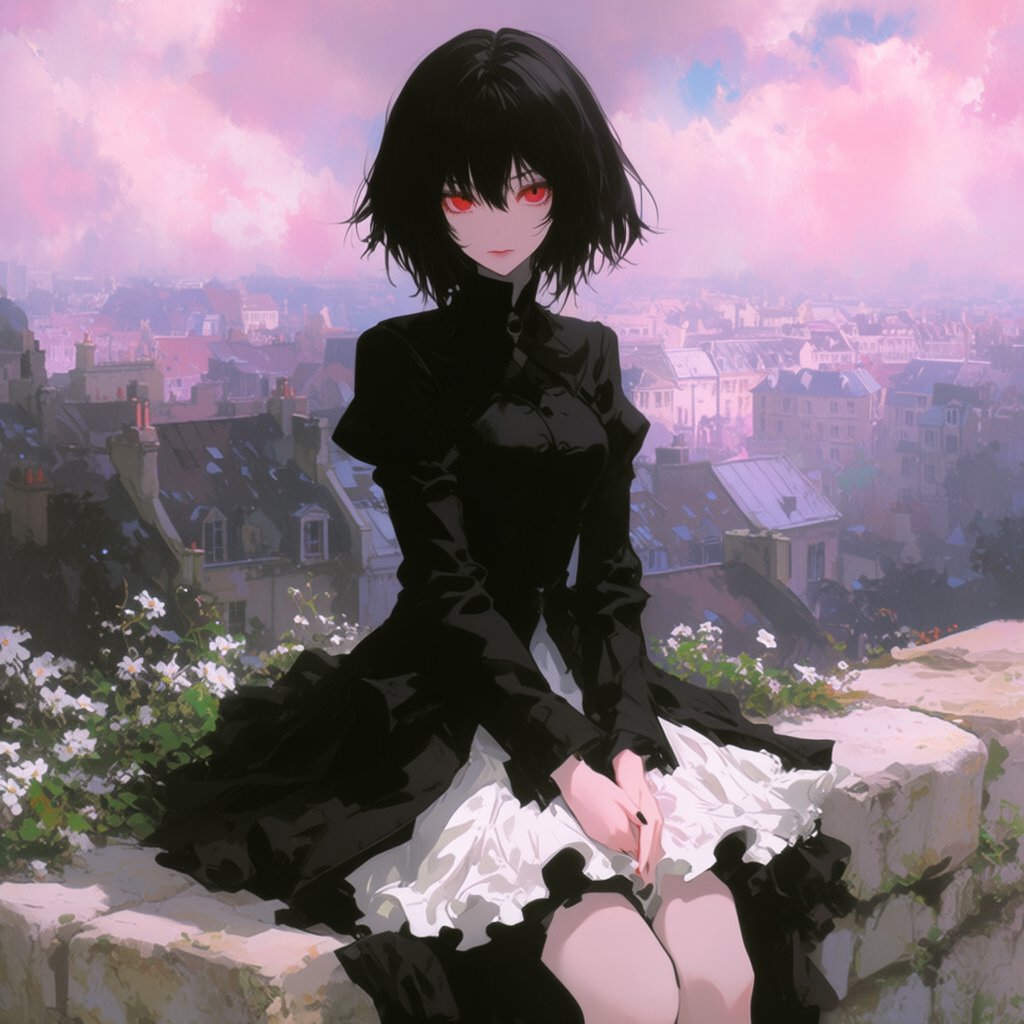 A whimsical gothic woman sitting on a ledge overlooking the city. — Krea 2 Large