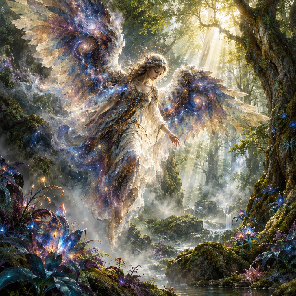 A lone angel with feathered wings, composed of swirling cosmic dust and nebulae, descends into a quiet, enchanted forest. Sunlight filters through the ancient canopy, illuminating wisps of mist and the vibrant, otherworldly plants below. The style is a fusion of hyper-detailed fantasy illustration and soft watercolor techniques, with the polished finish of concept art. — GPT Image 2.5 Flare