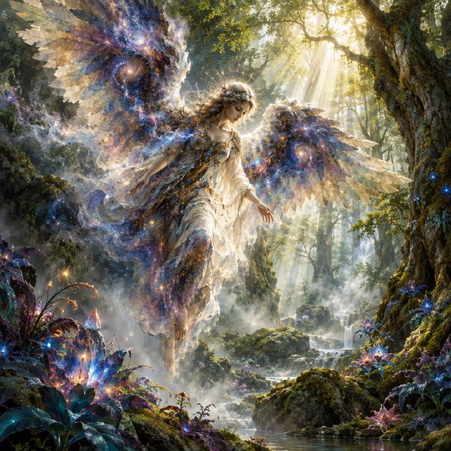 A lone angel with feathered wings, composed of swirling cosmic dust and nebulae, descends into a quiet, enchanted forest. Sunlight filters through the ancient canopy, illuminating wisps of mist and the vibrant, otherworldly plants below. The style is a fusion of hyper-detailed fantasy illustration and soft watercolor techniques, with the polished finish of concept art. — GPT Image 2.5 Flare
