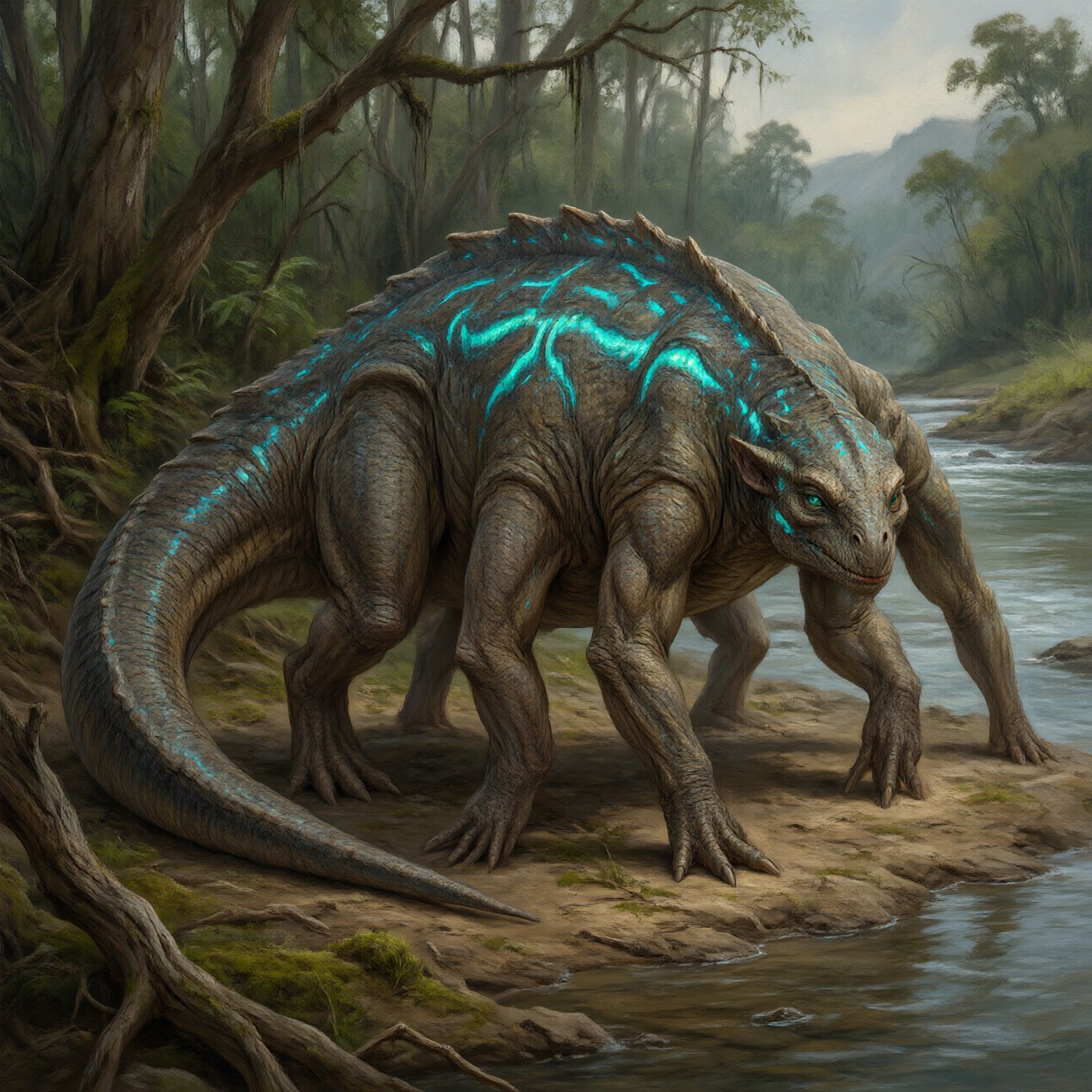 Creature design: a six-legged amphibious grazer with bioluminescent markings, shown on a riverbank, painterly. — Qwen Image 3.0