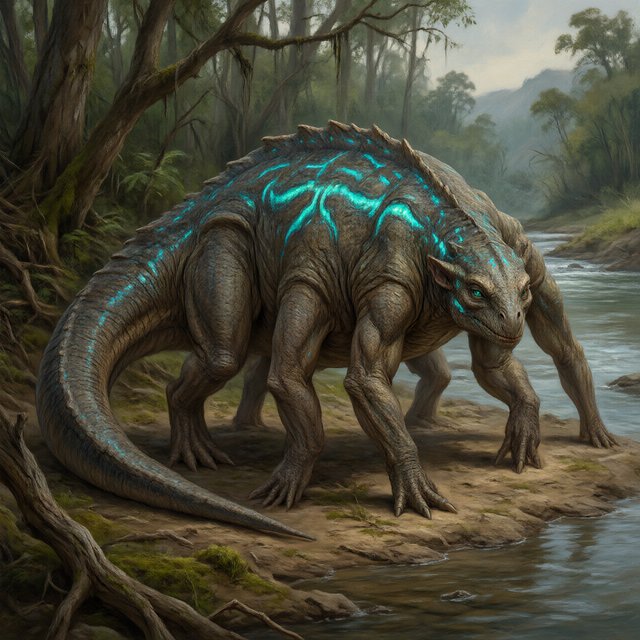 Creature design: a six-legged amphibious grazer with bioluminescent markings, shown on a riverbank, painterly. — Qwen Image 3.0