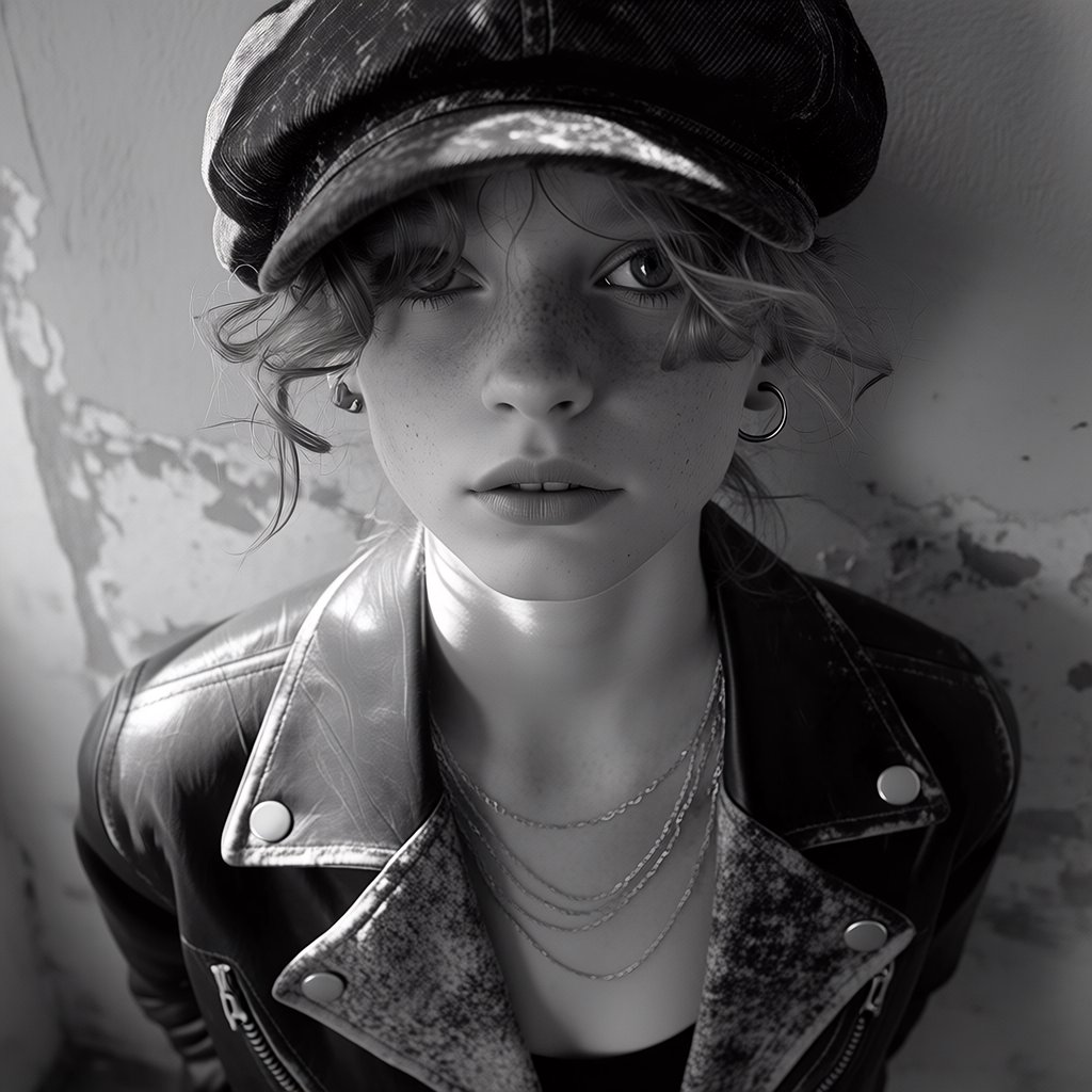 A monochrome, grainy, photorealistic medium close-up shot from a high angle: a young woman with messy, short curls, fair, freckled skin, and an intense, direct gaze into the camera. She is wearing a faded, worn-in black flat cap, a distressed vintage leather jacket over a dark undershirt, several thin silver chains, and a small hoop earring. Soft, diffused side lighting from the left casts gentle shadows across her face. In the background, a weathered wall with peeling plaster. Shallow depth of field, a moody, gritty film aesthetic, and sharp focus on the subject's eyes. — Midjourney Niji 7