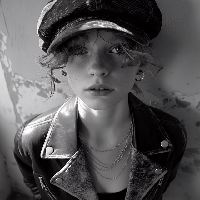 A monochrome, grainy, photorealistic medium close-up shot from a high angle: a young woman with messy, short curls, fair, freckled skin, and an intense, direct gaze into the camera. She is wearing a faded, worn-in black flat cap, a distressed vintage leather jacket over a dark undershirt, several thin silver chains, and a small hoop earring. Soft, diffused side lighting from the left casts gentle shadows across her face. In the background, a weathered wall with peeling plaster. Shallow depth of field, a moody, gritty film aesthetic, and sharp focus on the subject's eyes. — Midjourney Niji 7