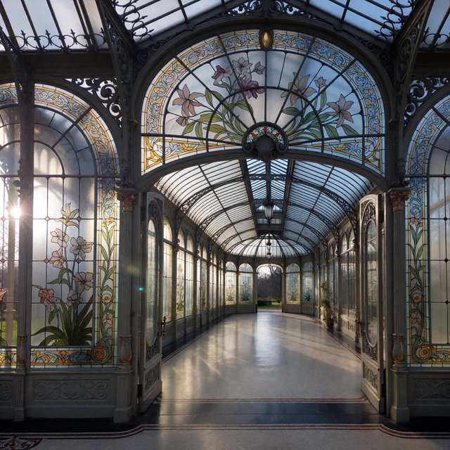 Interior of an Art Nouveau winter garden, curved iron ribs, cream terrazzo floor, hand-painted botanical glass panels, filtered late-afternoon sunlight, viewed from the entrance along the central axis, elegant geometry and believable load-bearing structure. — ImagineArt 1.5 Pro