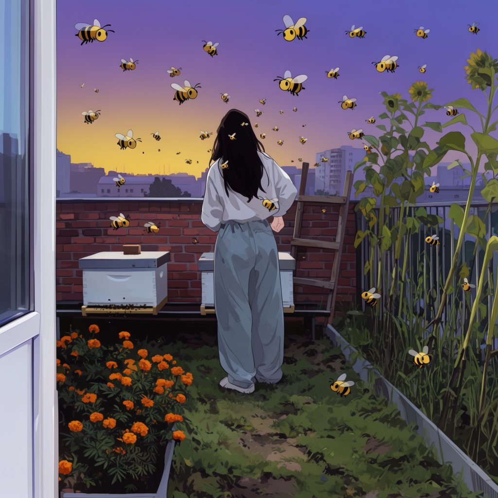 Cel-shaded anime illustration of an adult rooftop beekeeper tending lively hives among marigolds and herbs at dusk, with bees drifting past distant windows. Palette of saffron, violet, mint, and midnight blue, crisp contours and gentle gradients. — Krea 2 Large