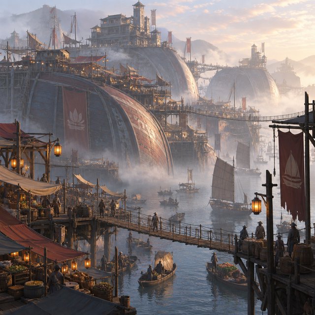 A floating market city built on the hulls of giant upturned ships, rope bridges, morning haze, wide establishing shot. — GPT Image 2.5 Sunburst