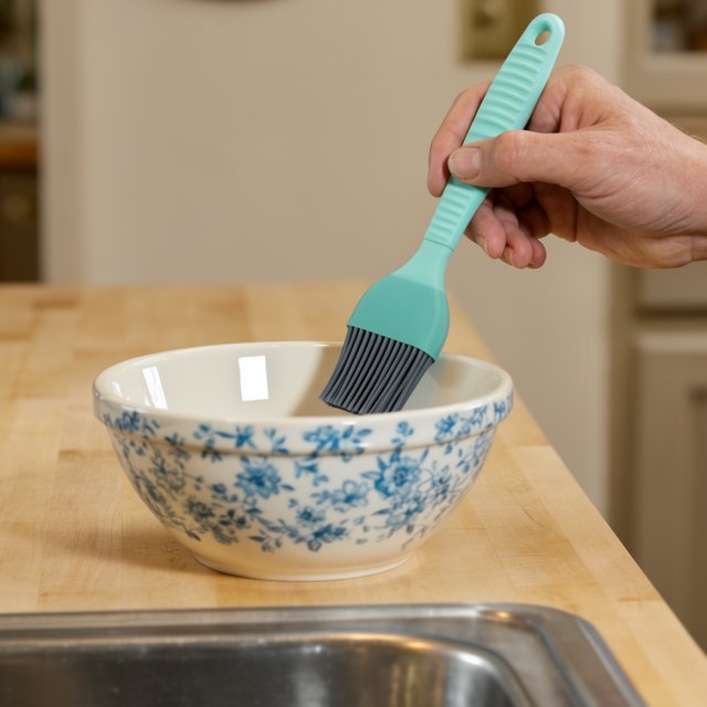 Across a honed maple counter, an adult hand guides an unbranded silicone pastry brush over a ceramic bowl; its ribbed teal handle catches diffused key light and warm bounce against a cream kitchen background, face cropped out, no lettering, commercial product image. — Krea 2 Large