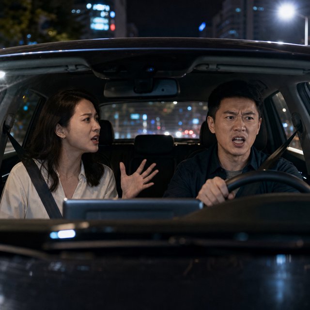Frontal cinematic shot through the windshield of a car driving at night. A 35-year-old Chinese man is in the driver’s seat, gripping the steering wheel and arguing back in visible frustration. Beside him, a 30-year-old Chinese woman in the front passenger seat is nagging him animatedly, gesturing as she speaks. Both are clearly engaged in a tense argument. Nighttime city lights and passing streetlights glow outside, with reflections across the windshield and realistic interior lighting. — GPT Image 2