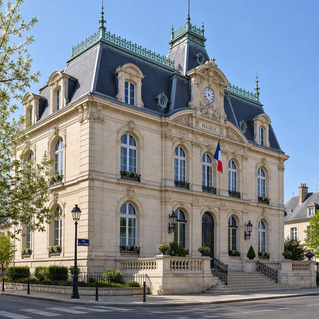 Exterior of a French Second Empire town hall with pale limestone, a dark mansard roof, copper cresting, and tall arched windows; clear spring light falls across the entrance terrace, viewed from the quiet street corner, precise lines and believable construction. — GPT Image 2.5 Flare
