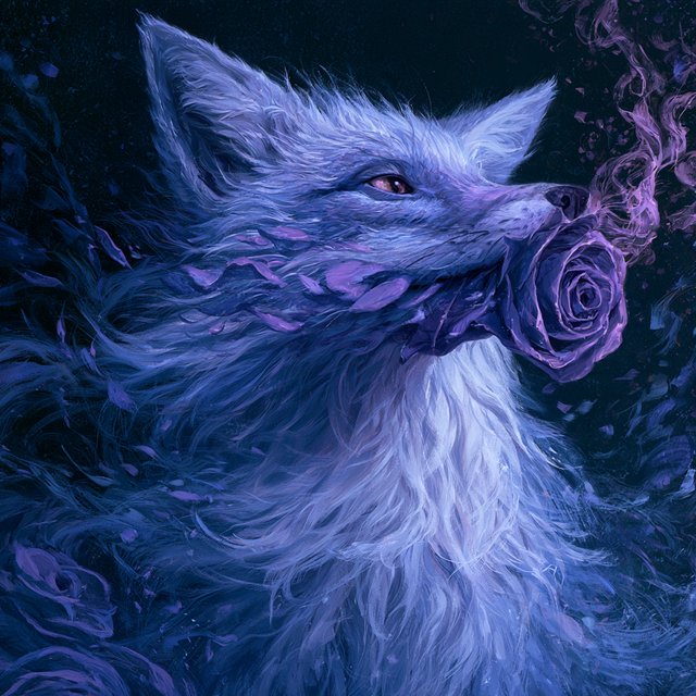 a silver fox holding a purple rose in its mouth, deep color, fantastical, intricate detail, splash screen, complementary colors, fantasy concept art — Model 13