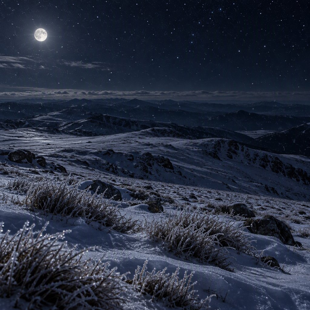 Moonlight washes a snowbound high plateau beneath sharp stars, while dry flurries cross the midnight air; frost feathers the foreground tussocks, and dark, rolling ridgelines recede into a blue-black distance. — GPT Image 2.5 Sunburst