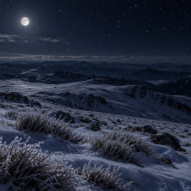 Moonlight washes a snowbound high plateau beneath sharp stars, while dry flurries cross the midnight air; frost feathers the foreground tussocks, and dark, rolling ridgelines recede into a blue-black distance. — GPT Image 2.5 Sunburst