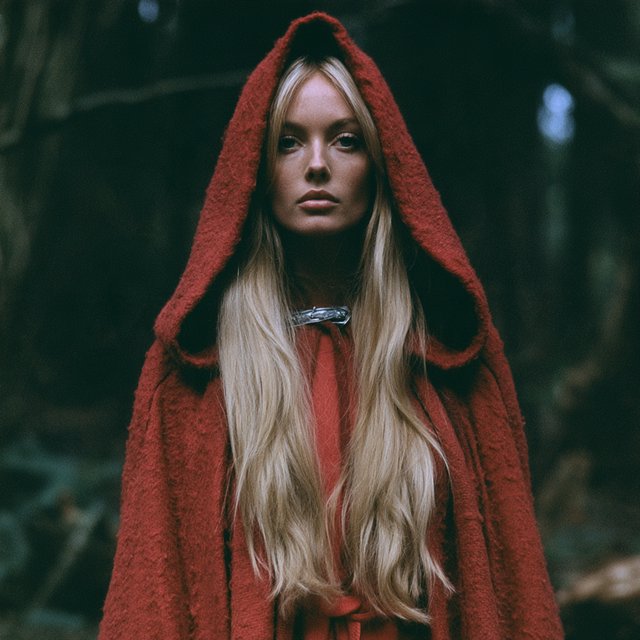 Medium shot at eye level: 1960s vintage film aesthetic. An adult woman with long, blonde hair walks alone through a dark forest. She wears a red hooded cloak, with the hood pulled up and fastened at the neck by a silver buckle. Photorealistic 1960s Technicolor film grain; soft, shallow depth of field. — Midjourney V8.2