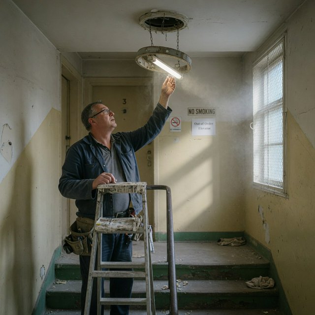 Candid documentary photograph of an adult building caretaker changing a ceiling light in a quiet apartment stairwell, pale afternoon window light, 35mm lens with moderate depth of field, plaster dust drifting from the fixture. — Grok Imagine Image Quality
