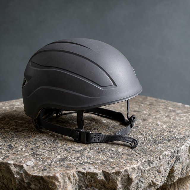 Against a muted slate backdrop, an unbranded climbing helmet with a matte recycled-polymer shell and woven nylon straps rests on rough granite; broad diffused key light and a cool rim light shape this commercial product image, with no lettering. — FLUX 3 Image Klein
