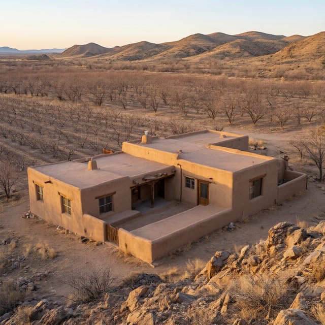 Beyond dry orchard rows, a Pueblo Revival adobe house settles into the desert foothills, with timber lintels and a muted clay roof; warm late-afternoon light, viewed from a rocky rise, reveals clean geometry and credible construction. — Qwen Image 3.0