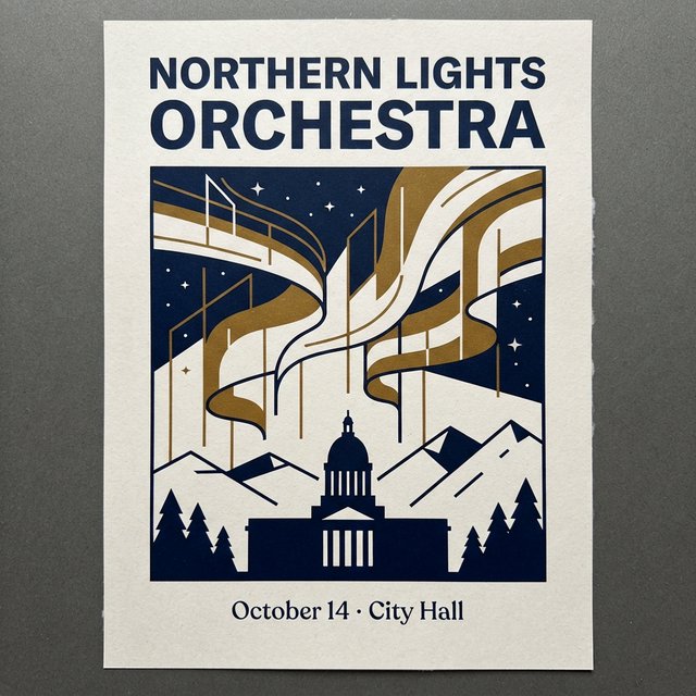 A minimalist concert poster with the words "NORTHERN LIGHTS ORCHESTRA" large at the top and "October 14 · City Hall" small at the bottom, two-colour print. — Nano Banana 2 Lite