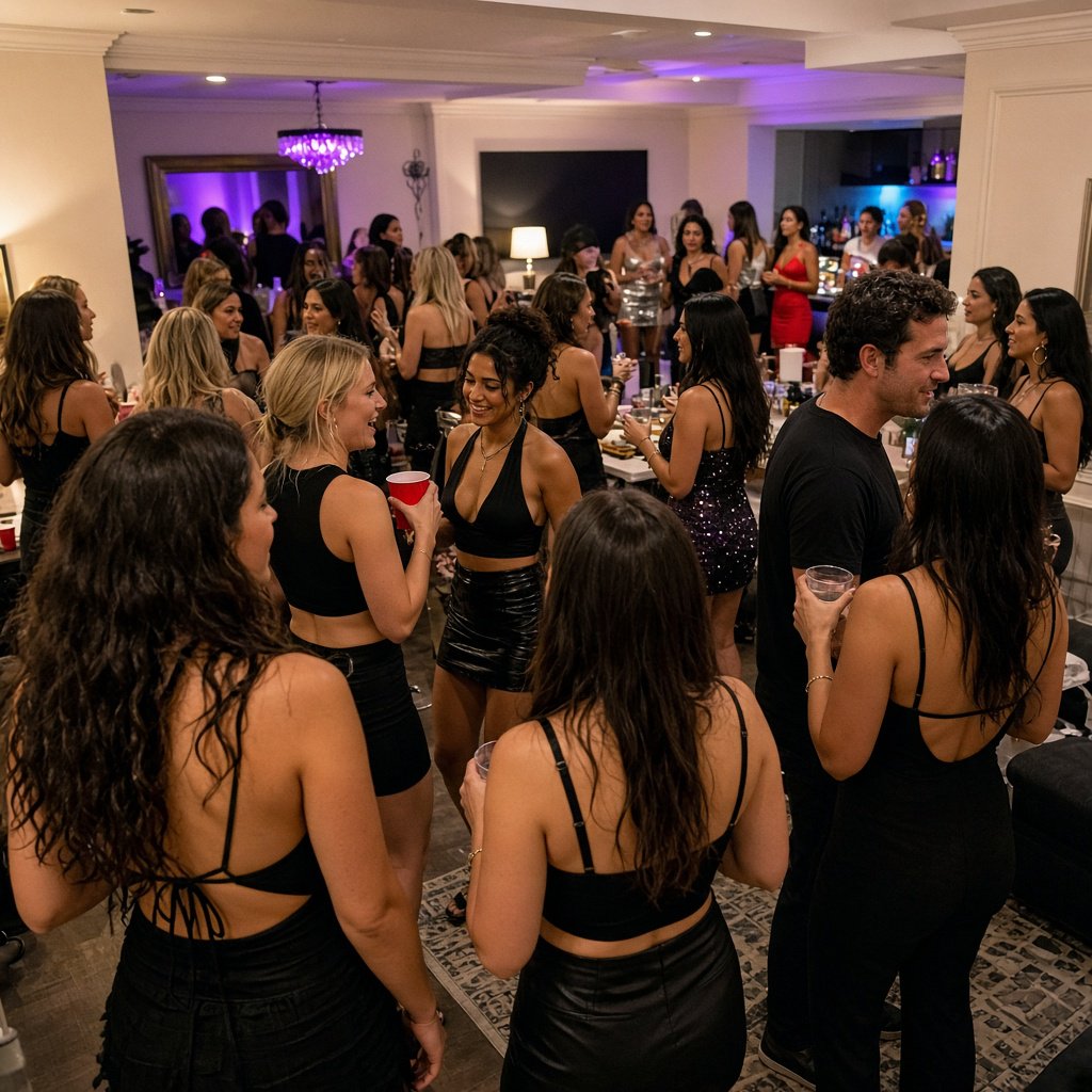 Realistic house party. Mostly adult women wearing clubwear. For every adult man, there are at least three adult women. Many angles. Vibe: very lively and fun. — Grok Imagine Image 2