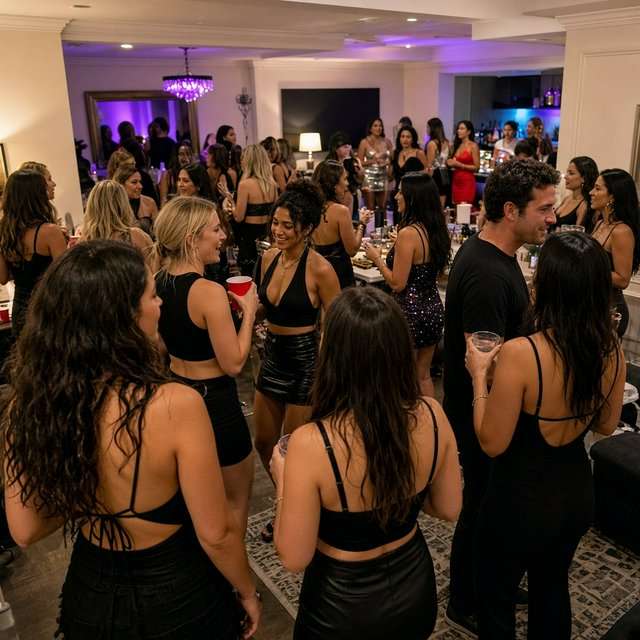 Realistic house party. Mostly adult women wearing clubwear. For every adult man, there are at least three adult women. Many angles. Vibe: very lively and fun. — Grok Imagine Image 2