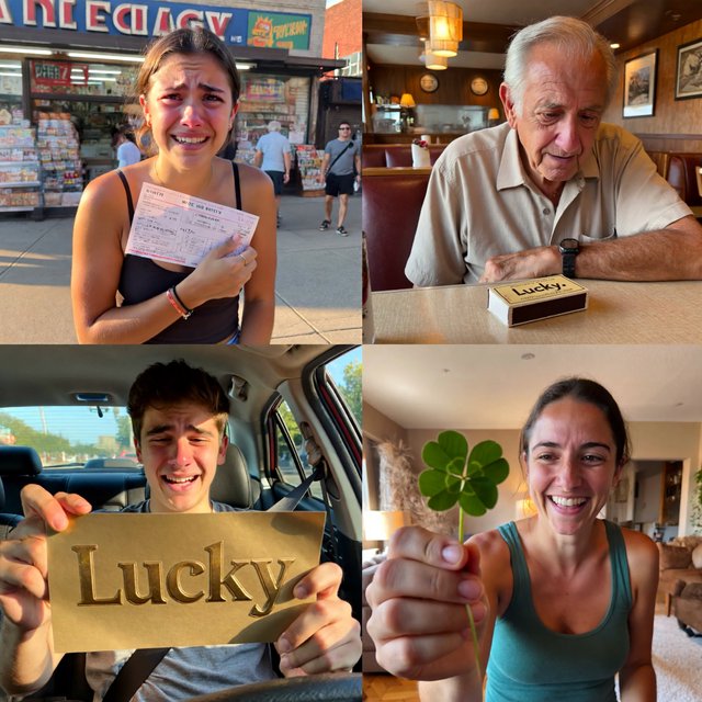 4–6 realistic scenes of people having the luckiest day of their lives. The word “Lucky” should appear at least twice in the image, and seem totally in place and seamless. The whole vibe is pretty much lucky moments that were unexpected but very welcome. — ImagineArt 2
