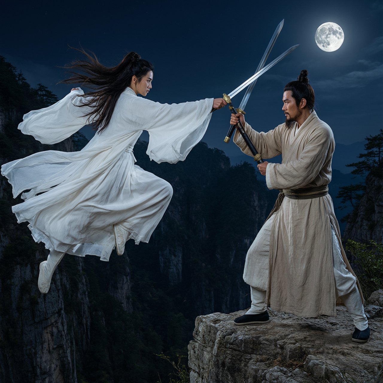 Frontal cinematic shot of two adult martial artists dueling on a cliff at night in ancient China: a female swordswoman in flowing white hanfu is airborne in a dynamic combat pose, thrusting her sword forward, while a male swordsman in traditional Taoist robes firmly parries her attack with his own blade. Moonlit night, wind sweeping their garments and hair, dramatic cliffside setting, tense face-off, elegant wuxia atmosphere, vivid motion, visually striking. — Qwen Image 3.0 Pro