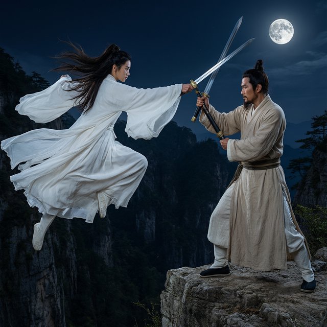 Frontal cinematic shot of two adult martial artists dueling on a cliff at night in ancient China: a female swordswoman in flowing white hanfu is airborne in a dynamic combat pose, thrusting her sword forward, while a male swordsman in traditional Taoist robes firmly parries her attack with his own blade. Moonlit night, wind sweeping their garments and hair, dramatic cliffside setting, tense face-off, elegant wuxia atmosphere, vivid motion, visually striking. — Qwen Image 3.0 Pro