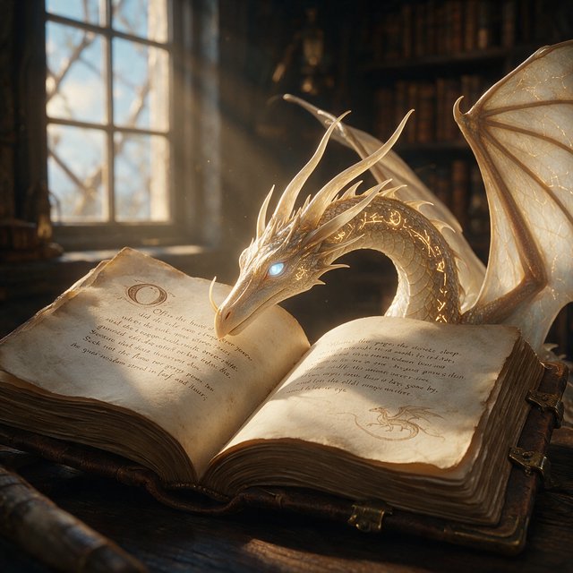 A mystical dragon's head, slender and dreamy, rests upon the yellowed pages of an ancient tome, the cover worn and mysterious, as soft warm light pours in through a nearby window, casting a serene ambiance, the air thick with the scent of old parchment and forgotten knowledge. — Seedream 5.0 Pro