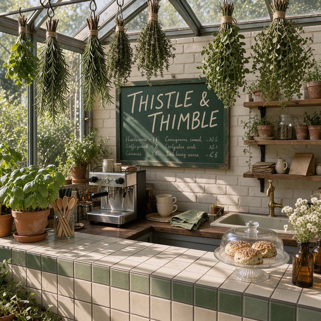 At a neighborhood greenhouse café, sunlight filters through hanging herbs above a tiled counter; "THISTLE & THIMBLE" is painted in hand-lettered cream script across a deep green wooden menu board. — FLUX 3 Image