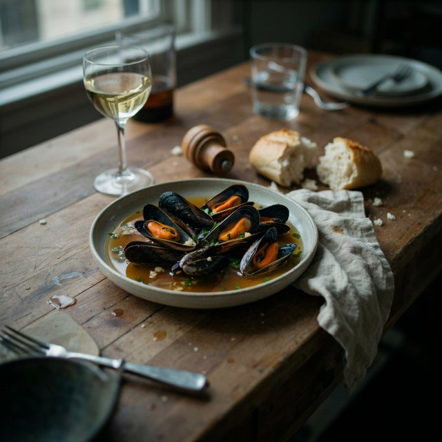 Beside a rumpled linen napkin, an in-progress supper shows a shallow bowl of mussels, torn bread, and a half-full glass on a wooden table. A natural-light dining snapshot, shot at 50mm with shallow depth of field, catches crumbs and glossy broth. — Ideogram v4