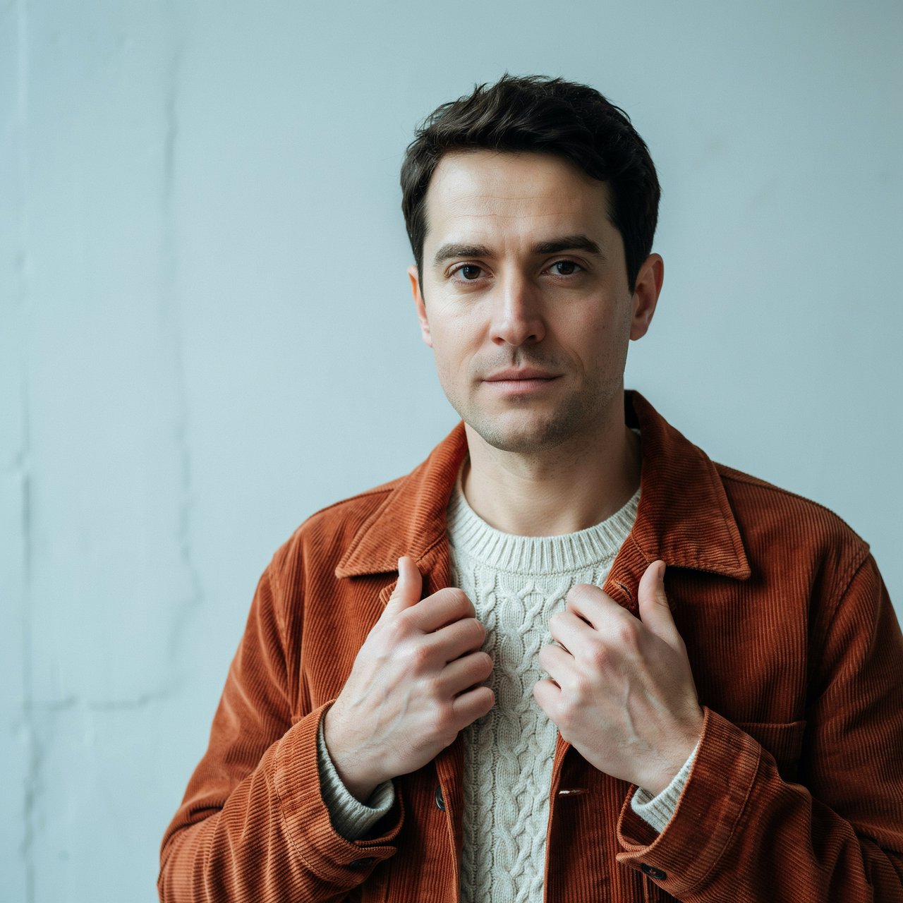 Portrait photograph of an adult man in his late 30s wearing a rust-colored corduroy overshirt over a cream knit, fingertips resting on its broad collar. His quietly curious gaze meets the camera against a pale blue plaster backdrop, softly lit by cool side-window light. — Ideogram v4