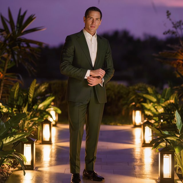 Along a garden path at violet dusk, an adult man in a midnight-green dinner suit adjusts one cuff beneath warm lantern glow, caught in a quiet pre-event pause with glossy leaves and elegant magazine polish. — Kling v3