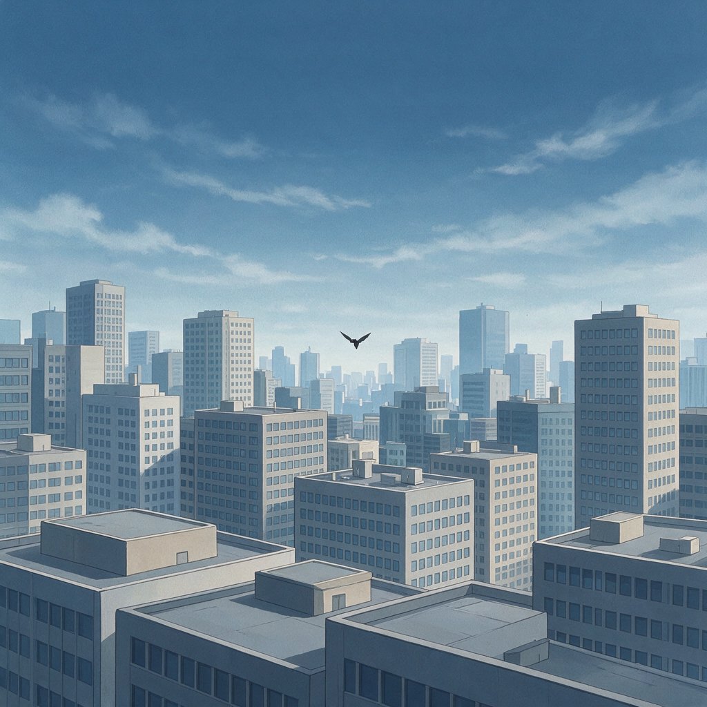 Clean cel-shaded painted cityscape, wide high-angle elevated rooftop level shot looking out over dense modern downtown office buildings, small dark winged figure hovering above central midground rooftops, pale overcast deep blue sky with wispy white clouds, diffused even daylight lighting with soft subtle ambient shadows, muted cool grey, beige, blue building facades with uniform office windows, flat concrete building rooftops, receding hazy distant city skyline with atmospheric perspective, eye level relative to building tops, no outlines, smooth flat color rendering, no grain. — Seedream 5.0 Pro
