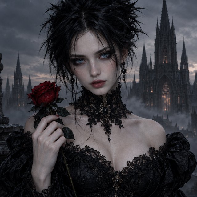 Atmospheric lighting creates soft background gradients through value blending, and surreal dark textures produce cracked surfaces and splatter via organic mark making. The fusion manifests as lace edges, dramatic chiaroscuro, and sharp focal contrast, transforming any subject through meticulous gothic surface modeling. A gothic woman depicted in 2026, with spiky black hair, blue eyes, and pale skin, wearing a black off-shoulder lace dress with a high ornate collar and puffed sleeves, holding a red rose. Close-up at eye level, the woman facing forward with her head slightly tilted, gazing directly at the viewer, holding a red rose in her right hand near her shoulder. Scene set before a gothic cathedral during overcast twilight, with misty atmosphere, featuring tall church spires in the background. — GPT Image 2.5 Flare