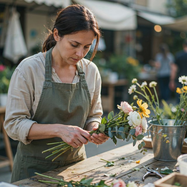 Candid documentary photograph of an adult florist arranging loose stems at an outdoor market stall, soft early-morning side light, 50mm lens with shallow depth of field, tiny water droplets beading on the cut leaves. — Ideogram v4.5