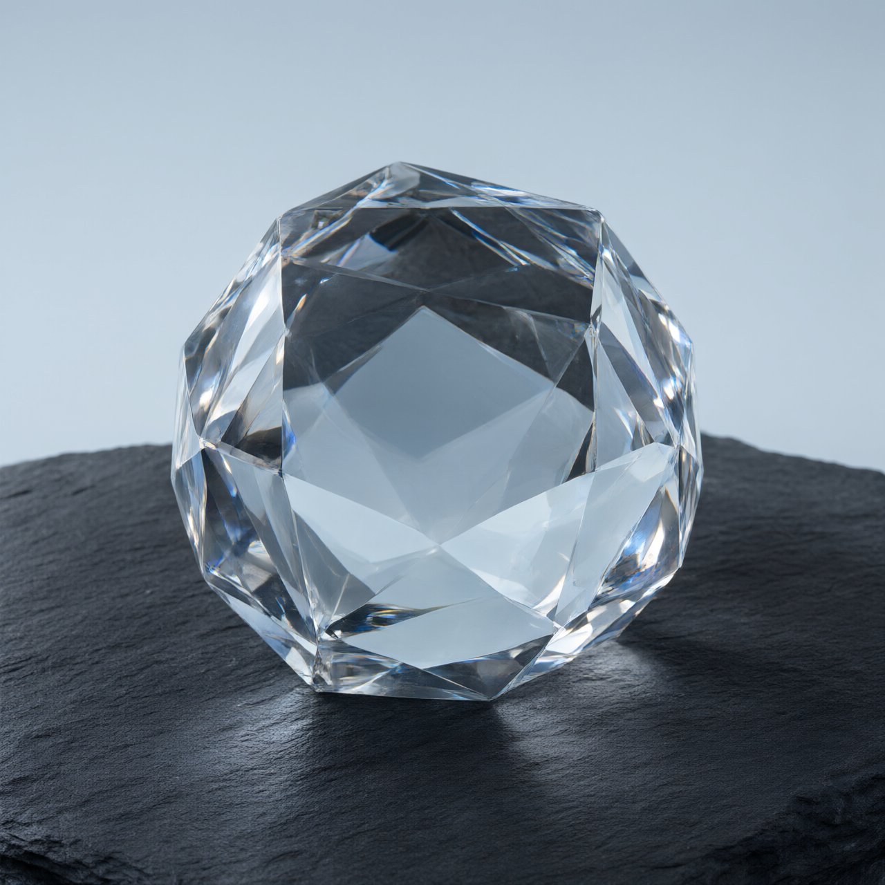 An unbranded, unmarked faceted optical-glass paperweight rests on charcoal slate against a pale blue-gray background; broad diffused studio light and a narrow side highlight reveal crisp internal refractions and bright edge reflections. — Qwen Image 3.0