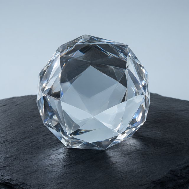 An unbranded, unmarked faceted optical-glass paperweight rests on charcoal slate against a pale blue-gray background; broad diffused studio light and a narrow side highlight reveal crisp internal refractions and bright edge reflections. — Qwen Image 3.0