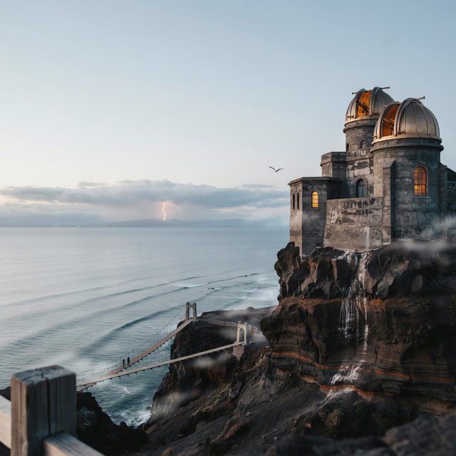 A wind-carved observatory crowns black cliffs above a silver inland sea, its open brass domes catching the last rose light. Salt mist drifts through suspended bridges as distant storms flicker beyond the horizon. — Ideogram v4