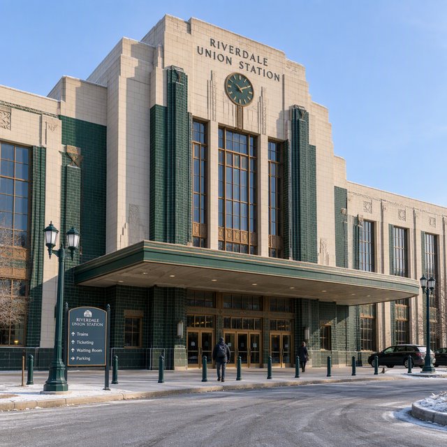 Exterior of an Art Deco railway terminal in pale limestone and dark green glazed brick, with stepped massing, bronze-framed windows, and a broad canopy; clear winter morning light, viewed from the station forecourt, precise lines and credible structure. — GPT Image 2.5 Flare