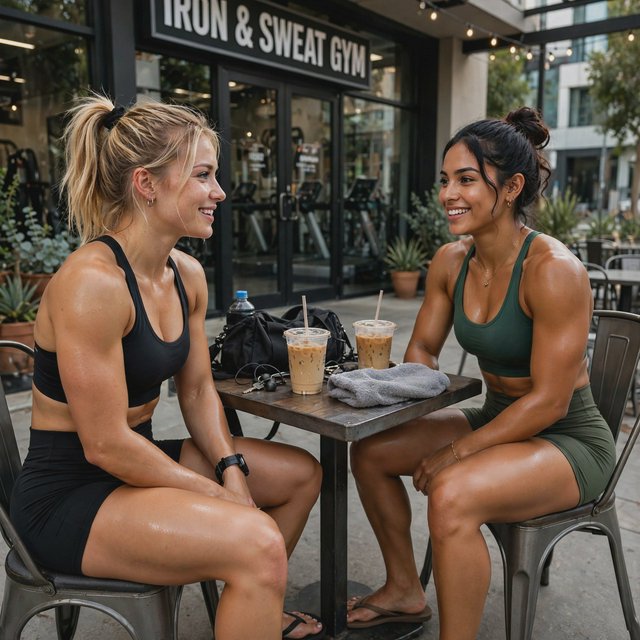Two muscular adult women in their twenties, one Caucasian blonde and one Latina, sit at an outdoor café table beside a gym after their workout. They wear tight workout shorts, sports bras, and flip-flops. — Muse Image 1.0