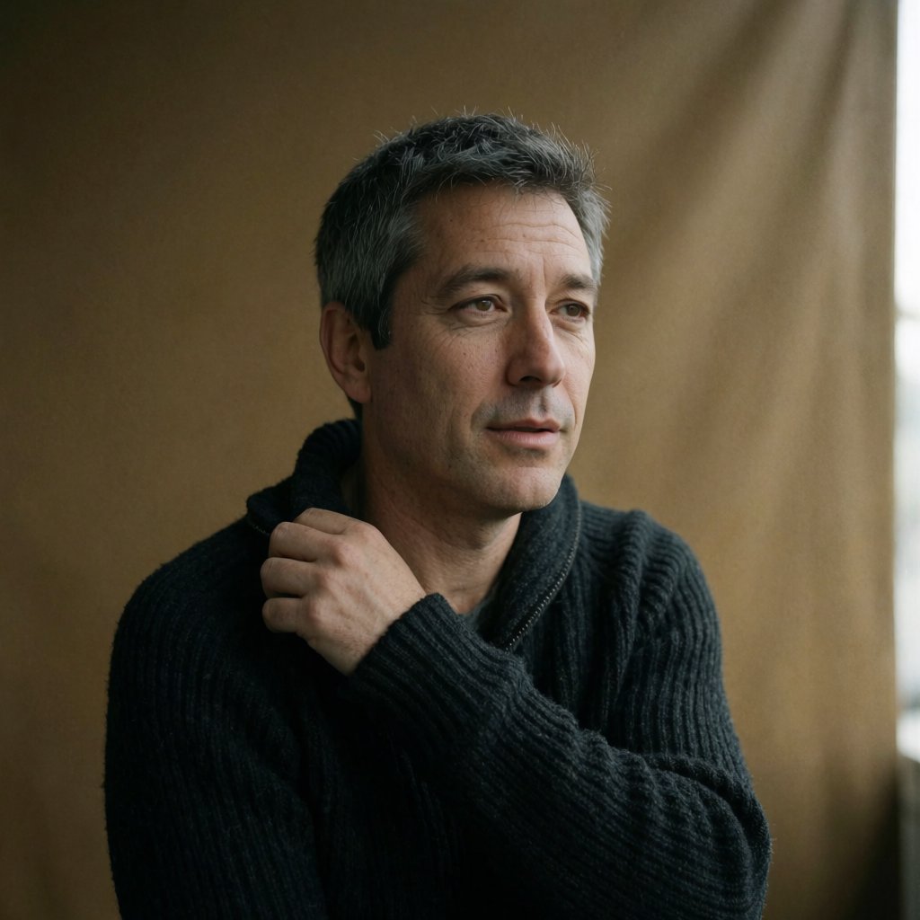 Editorial portrait of an adult man in his early 40s wearing a charcoal wool fisherman’s sweater, one hand loosely holding its ribbed cuff. His thoughtful, slightly tired expression rests against a muted ochre studio backdrop, shaped by gentle directional window light. — Krea 2 Medium