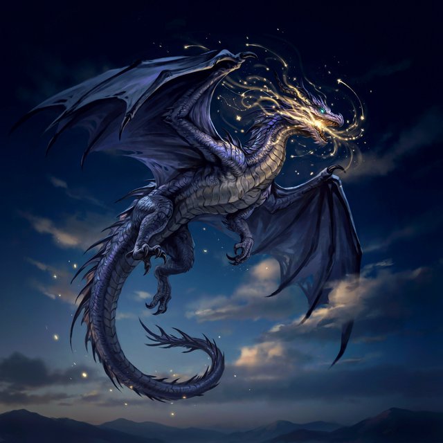A beautiful, ethereal dragon flying through the skies breathing star flames. Detailed scales. — Ideogram v4