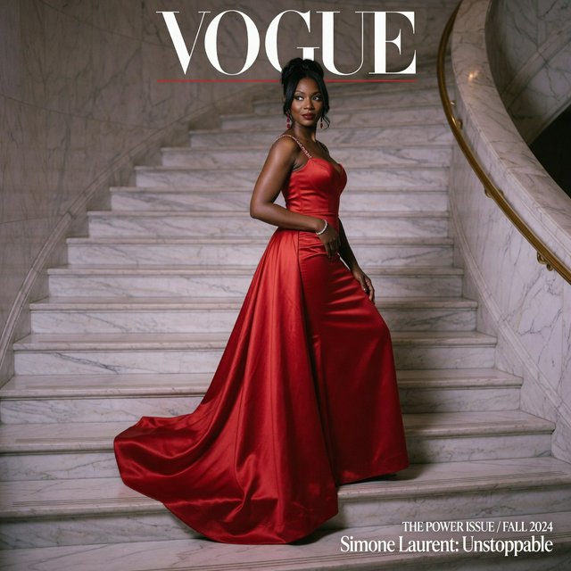 An adult woman in a floor-length red satin evening gown on a marble staircase, soft key light, confident pose, magazine cover style. — Grok Imagine Image Quality