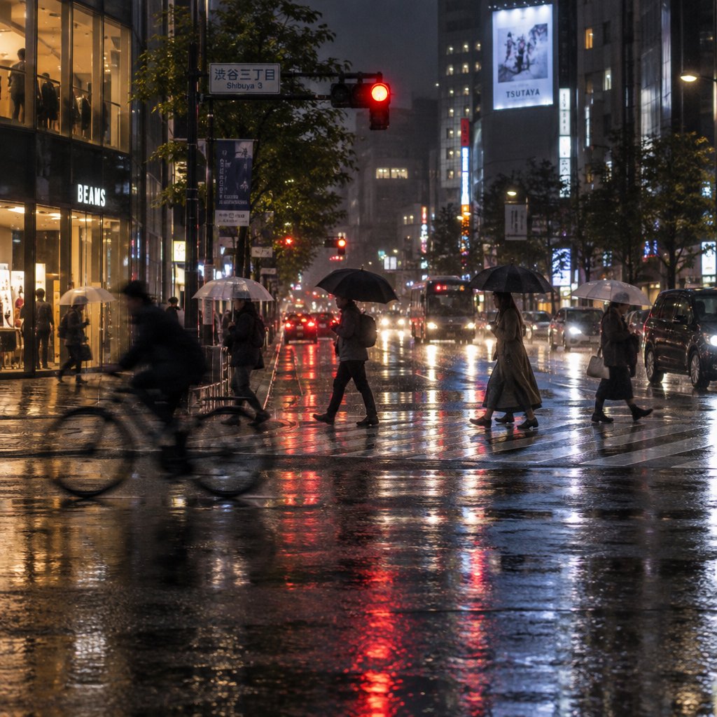 A rain-soaked city crosswalk at night seen from across the street, umbrellas, reflections of traffic lights on wet asphalt, slight motion blur on a passing cyclist. — GPT Image 2.5 Sunburst