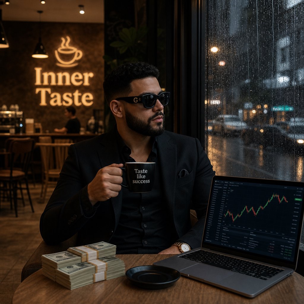 Realistic, a man wearing a black suit and cool shades with the word “G” on them, sitting near a table in a friendly coffee shop with the words “Inner Taste” displayed in the shop, coffee on the table, a coffee cup with the words “Taste like success,” a stack of money on the table, a high-end laptop displaying a successful trade, and rain pouring outside. The vibe is calm and chill. — GPT Image 2