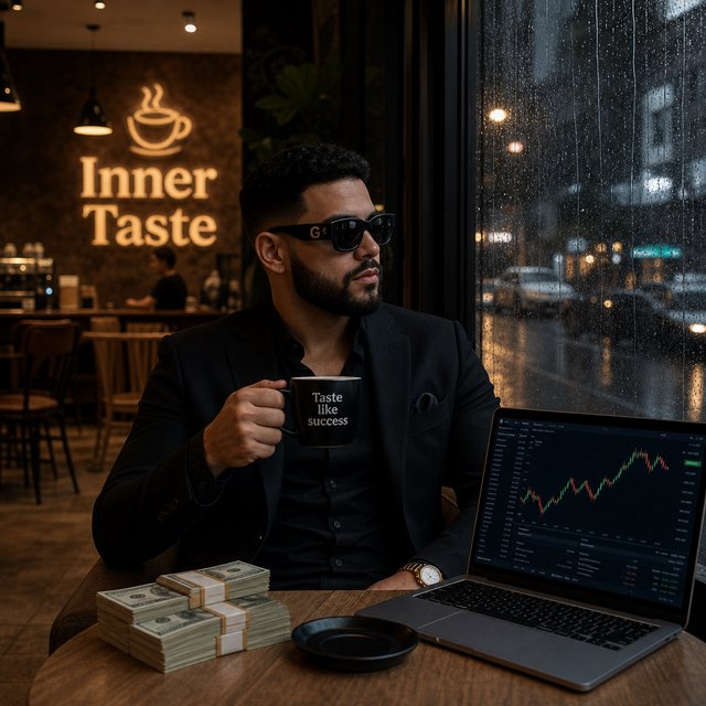 Realistic, a man wearing a black suit and cool shades with the word “G” on them, sitting near a table in a friendly coffee shop with the words “Inner Taste” displayed in the shop, coffee on the table, a coffee cup with the words “Taste like success,” a stack of money on the table, a high-end laptop displaying a successful trade, and rain pouring outside. The vibe is calm and chill. — GPT Image 2