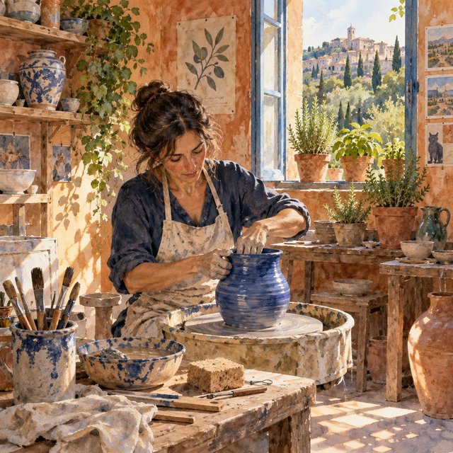 Watercolour illustration of an adult ceramicist shaping a luminous blue vessel beside an open workshop window, surrounded by clay tools, potted herbs, and sunlit terracotta walls. Palette of cobalt, ochre, sage, and cream, with soft flowing brushwork. — GPT Image 2.5 Sunburst