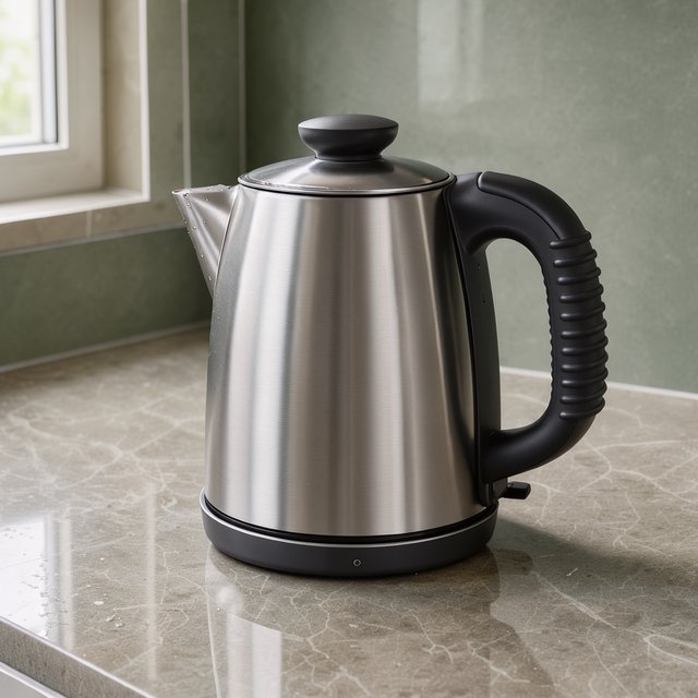 Morning daylight spills across a kitchen counter, revealing an unbranded electric kettle in satin stainless steel with a ribbed heat-resistant polymer handle. It sits on honed limestone against a muted sage backsplash, with window light and white bounce fill; commercial product image, no lettering. — FLUX 3 Image Klein