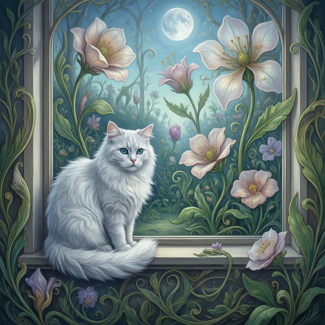 A whimsical cat with fur like spun moonlight sits on a windowsill overlooking a dreamlike garden. The garden is filled with oversized, fantastical flowers rendered in a soft, painterly style, with elements of Art Nouveau curves in the plant designs. The overall mood is serene and enchanting. — Model 17