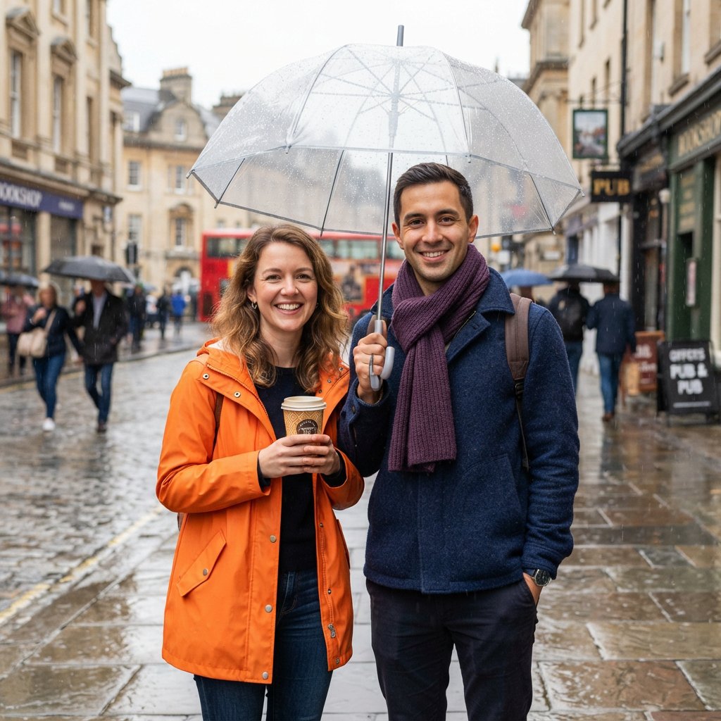 A man with a purple scarf holding a transparent umbrella, standing to the right of a woman in an orange raincoat who holds a paper cup, both facing the camera. — Nano Banana 2 Lite